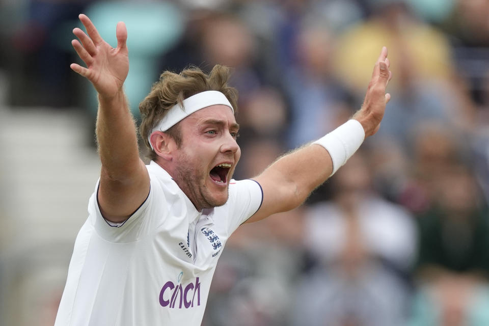 England's Stuart Broad appeals on day five of the fifth Ashes Test match between England and Australia, at The Oval cricket ground in London, Monday, July 31, 2023. (AP Photo/Kirsty Wigglesworth)