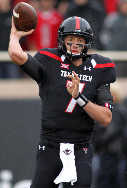 Oct 18, 2014; Lubbock, TX, USA; Texas Tech Red Raiders quarterback Davis Webb (7) throws a pass against the Kansas Jayhawks. (Michael C. Johnson-USA TODAY Sports)