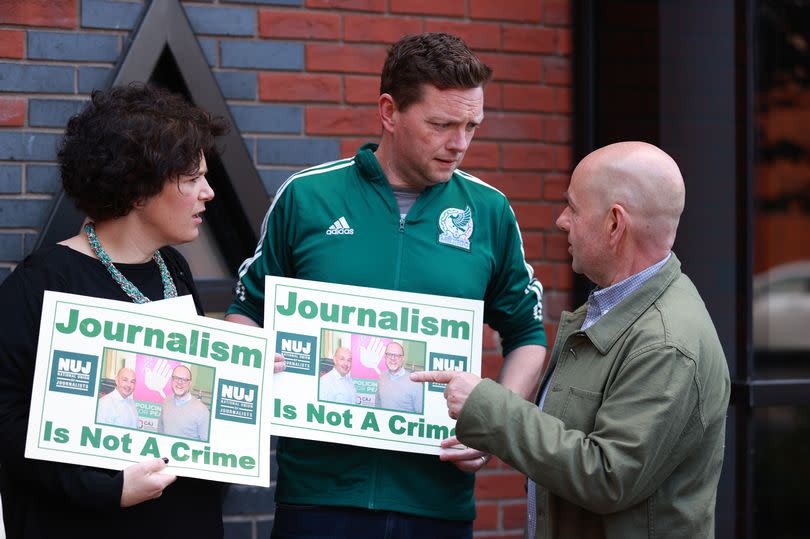 Claire Hanna (incumbent MP for the area) and Donal Lyons (Belfast City Councillor for SDLP) speaking with NUJ member Barry McCaffrey (right) at a protest with members of the NUJ, Amnesty and CAJ outside the Northern Ireland Policing Board meeting in Belfast, calling for an inquiry into allegations of police surveillance of journalists. -Credit:Liam McBurney/PA Wire