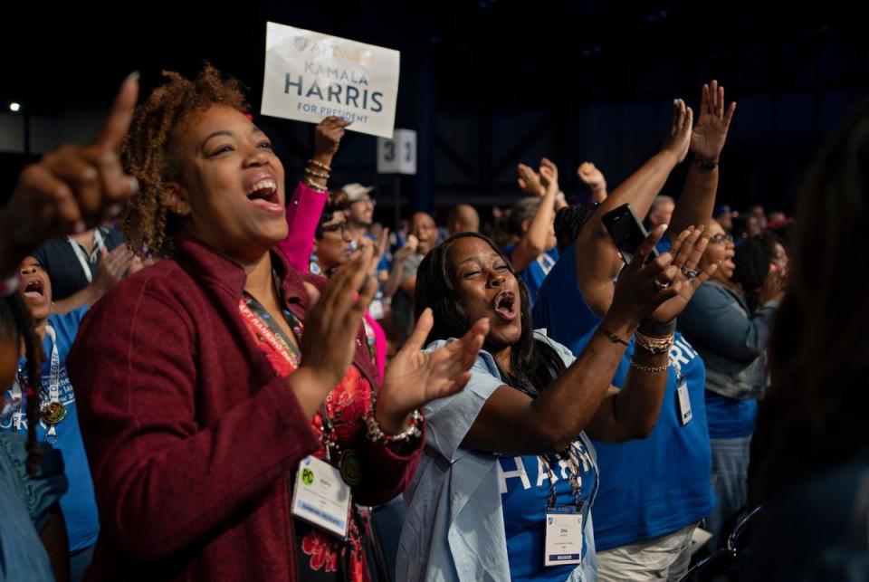 On July 25, 2024 at the George R. Brown Convention Center in Houston, Texas, attendees of the American Federation of Teachers’ 88th national convention clap during the speech of Dr. Frederick D. Haynes III, a pastor. Vice President Kamala Harris is the keynote speaker of the convention.