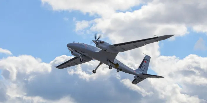 A B model of Bayraktar AKINCI TİHA (Assault Unmanned Aerial Vehicle) in the sky on March 2, 2022 in Corlu, Turkey.