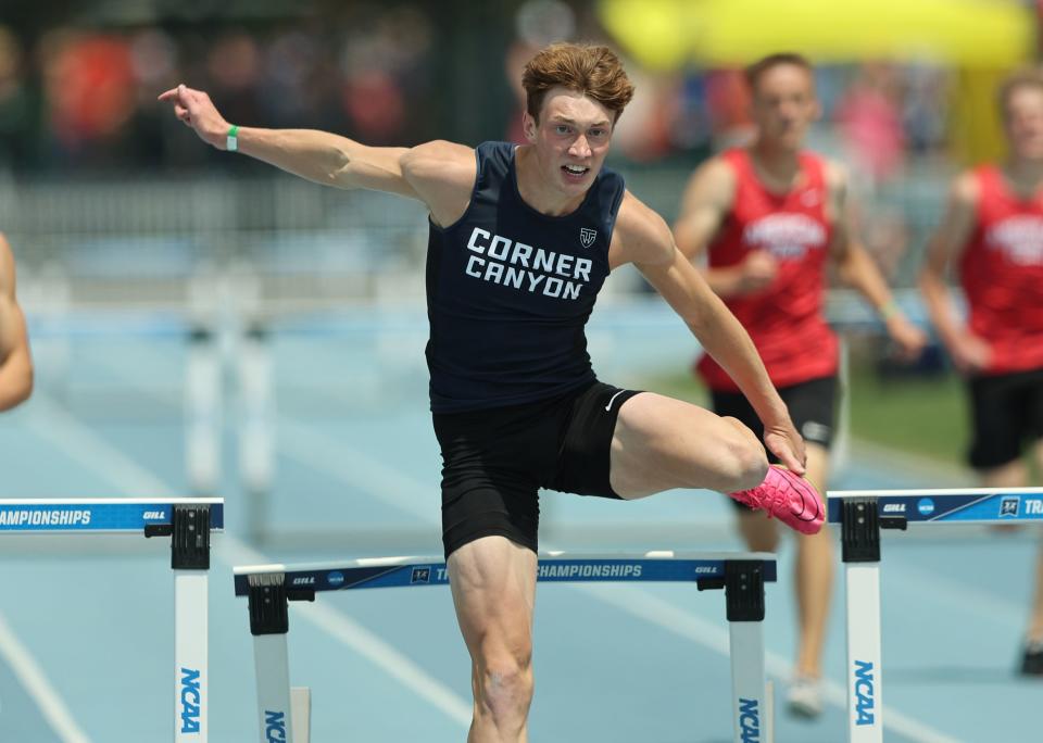 Corner Canyon’s Spencer Kirkham wins the 6A 300m hurdles as High School athletes gather at BYU in Provo to compete for the state track and field championships on Saturday, May 20, 2023. | Scott G Winterton, Deseret News