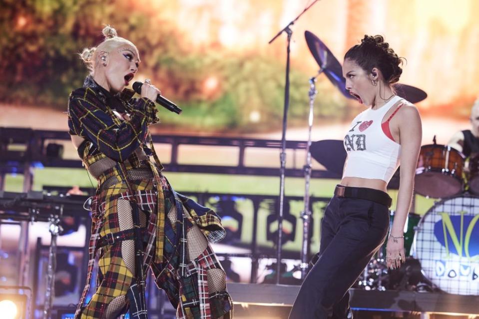 (L-R) Gwen Stefani of No Doubt and Olivia Rodrigo perform at the Coachella Stage  