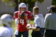 New England Patriots quarterback Jarrett Stidham catches the ball during an NFL football practice, Monday, Aug. 31, 2020, in Foxborough, Mass. (AP Photo/Steven Senne)