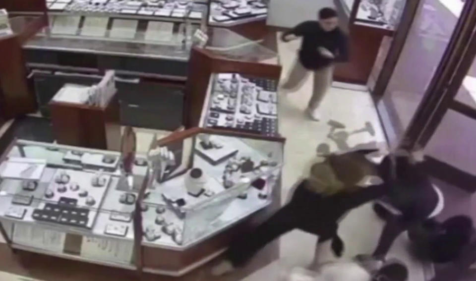 The jewelry store employees can be seen fighting the would-be robbers. (Princess Bride Diamonds via TODAY)