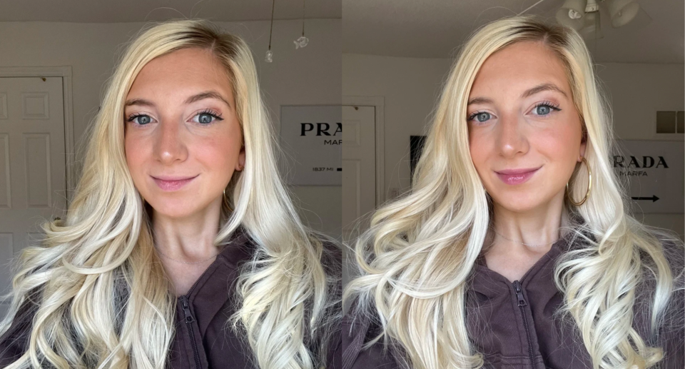 split screen image of blonde girl taking selfie in brown sweater, Givenchy Rouge Interdit Vinyl Color Enhancing Lipstick review