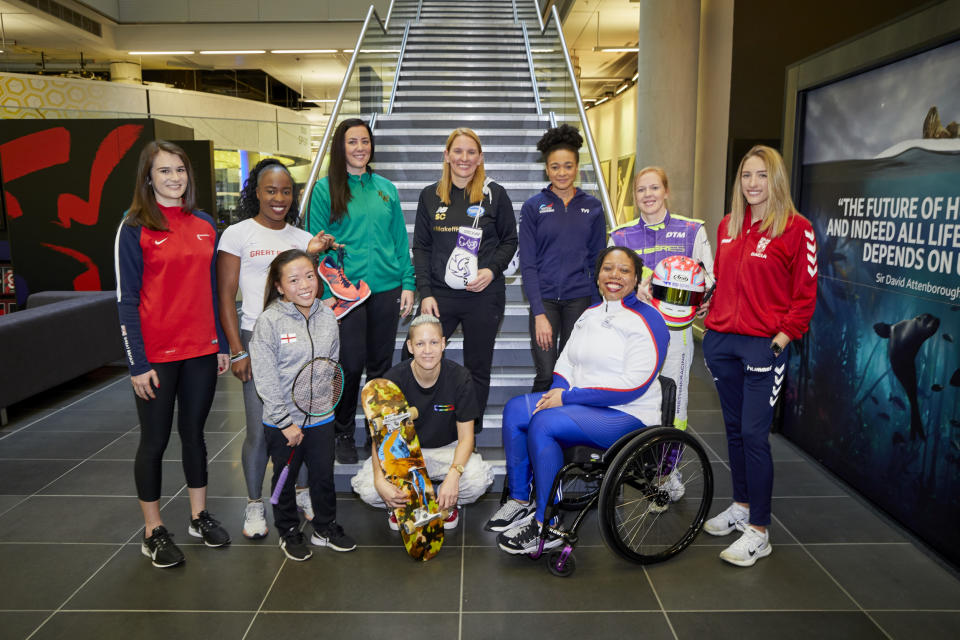 Team GB female athletes at the BBC Manchester launch of Game Changer Academy - left to right: Georgina Roberts – Shooting, Marilyn Okoro – Athletics, Rachel Choong - Para Badminton, Siobhan Prior – Basketball, Lucy Adams – skateboard, Stacey Copeland – Boxer, Alice Dearing – Swimming, Alice Powell – Moto racing, Caitlin Beevers - Rugby League, Vanessa Wallace - Para Shot Put