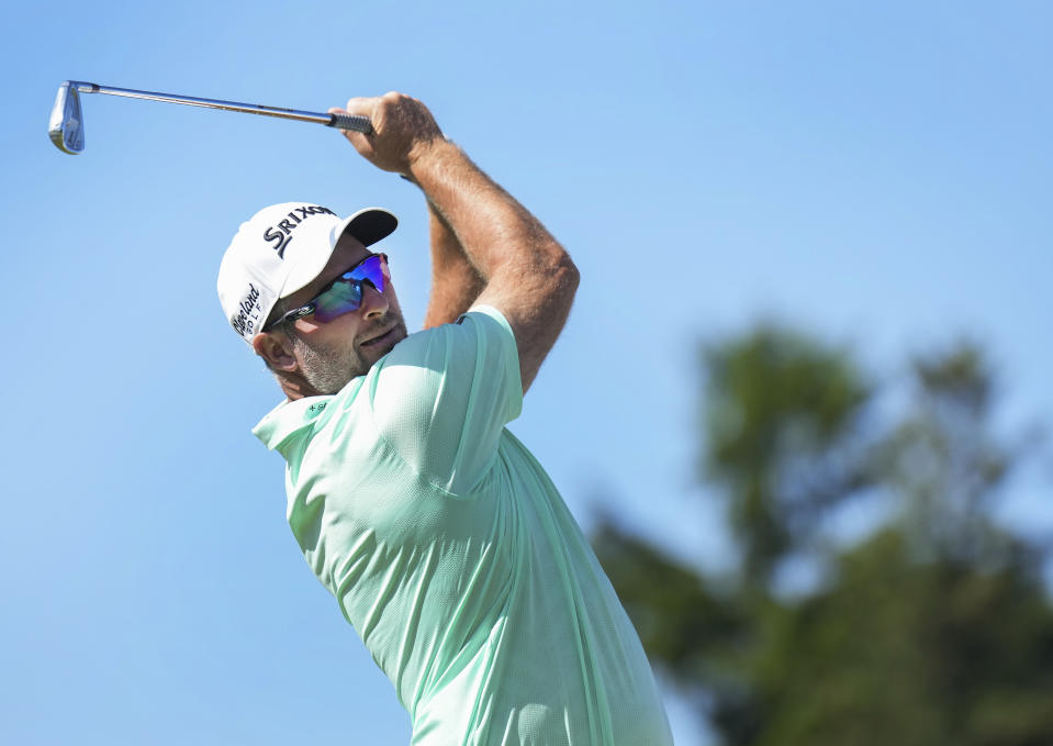 Ryan Fox watches his tee shot on the third hole during the second round of the Canadian Open golf tournament in Hamilton, Ontario, Friday, May 31, 2024. (Nathan Denette/The Canadian Press via AP)