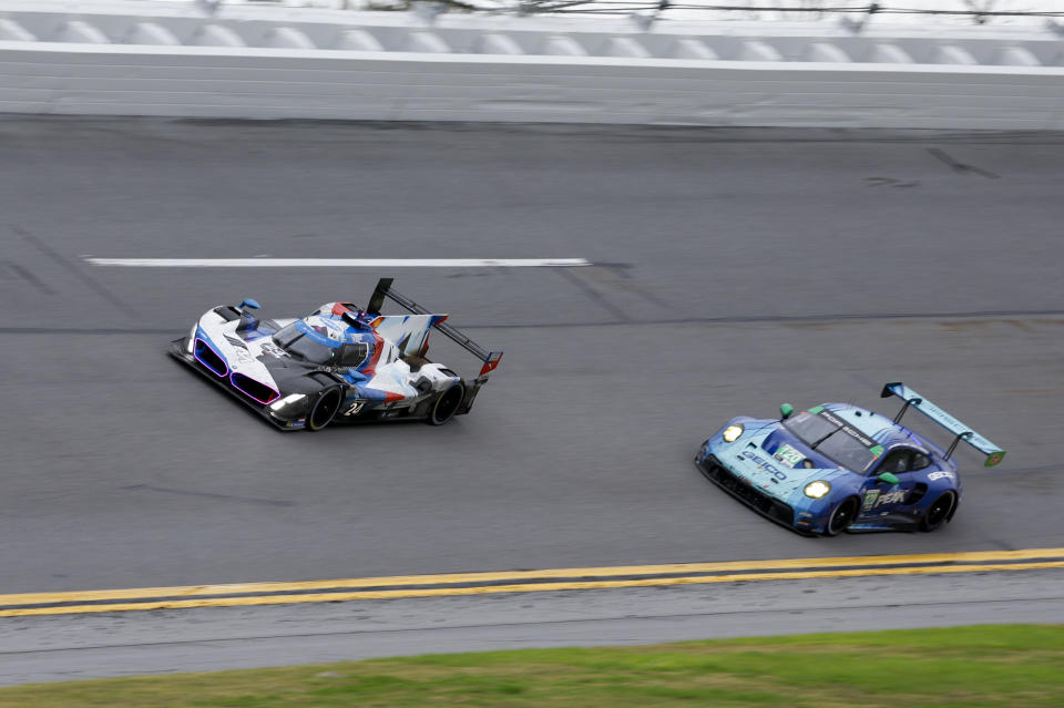 DAYTONA, FL - JANUARY 28: The #24 BMW M Team RLL BMW M Hybrid V8 of Philipp Eng, Augusto Farfus, Jesse Krohn, and Dries Vanthoor during the Rolex 24 At Daytona on January 28, 2024 at Daytona International Speedwayeedway in Daytona Beach, Florida. (Photo by David Rosenblum/Icon Sportswire via Getty Images)