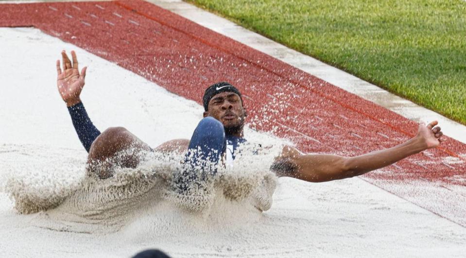 North Carolina A&T’s Brandon Hicklin competes in the men’s long jump during the NCAA Division I Outdoor Track and Field Championships, Wednesday, June 9, 2021, at Hayward Field in Eugene, Ore. (AP Photo/Thomas Boyd)