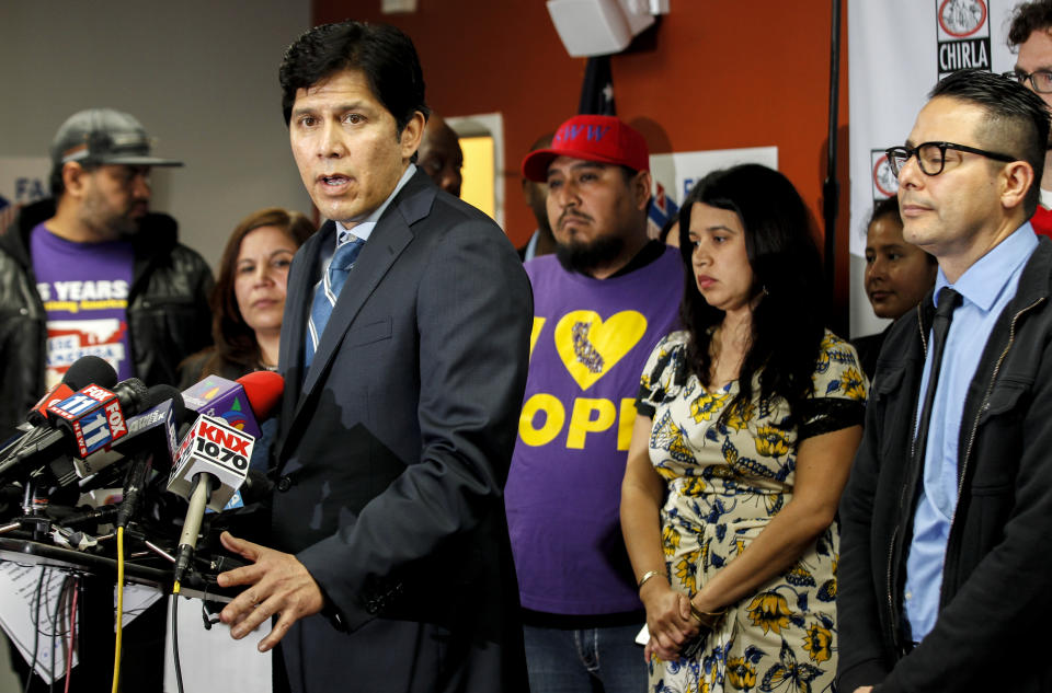 Earlier in February, de León addresses a press conference held by the Coalition for Humane Immigrant Rights about immigration sweeps. (Photo: Irfan Khan/Los Angeles Times via Getty Images)