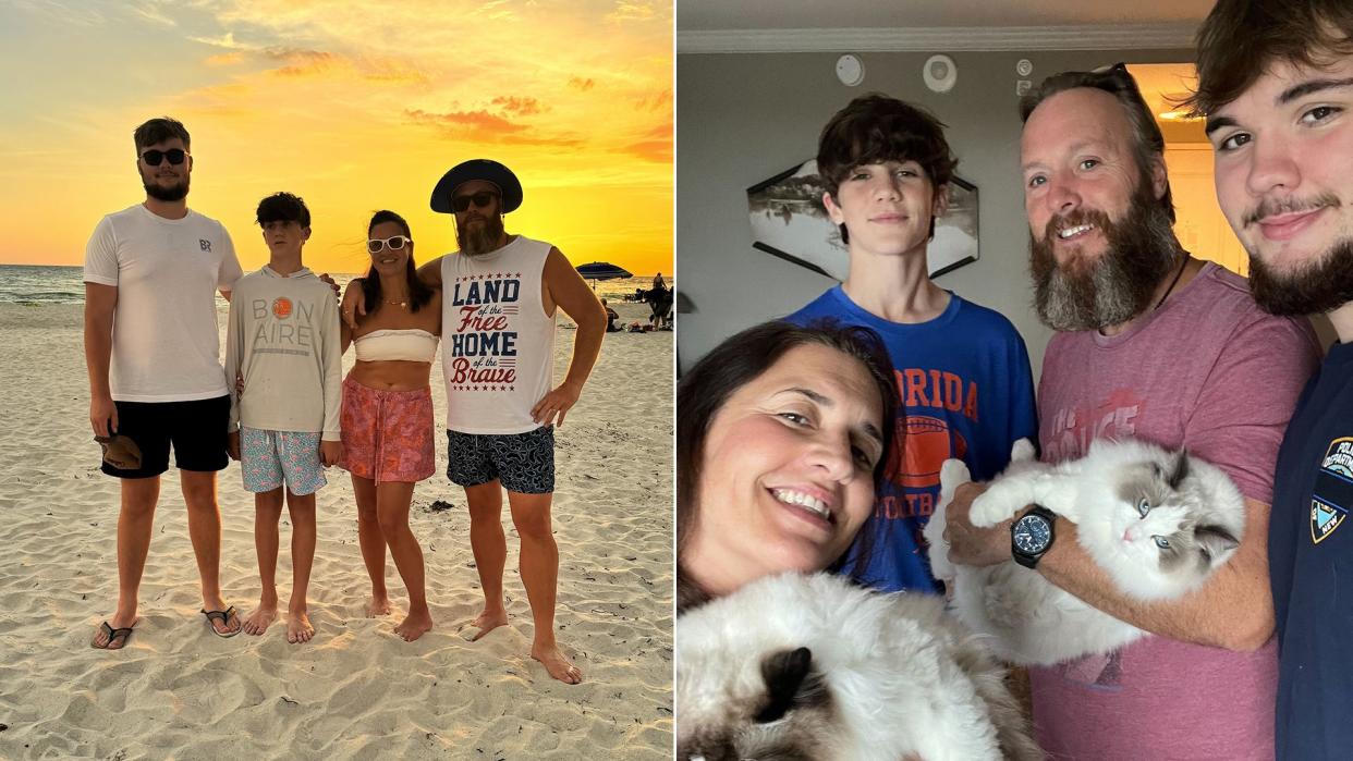 Family on a beach and in a hotel room holding cats