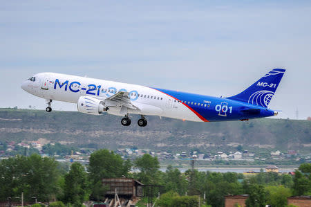 An MS-21 medium-range passenger plane, produced by Irkut Corporation, takes off in Irkutsk, Russia, May 28, 2017. Courtesy of PR Department of Irkut Corporation/Handout via REUTERS