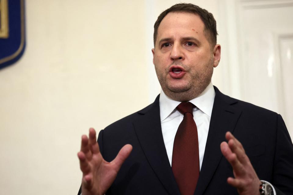 Ukraine's presidential advisor Andriy Yermak speaks during a press conference at the Ukrainian Ambassador's residence, in Paris on January 26, 2022. - Russian and Ukrainian delegations met in Paris for talks on January 26, 2022, in a bid to defuse soaring tensions, with France seeking to usher both sides down a 