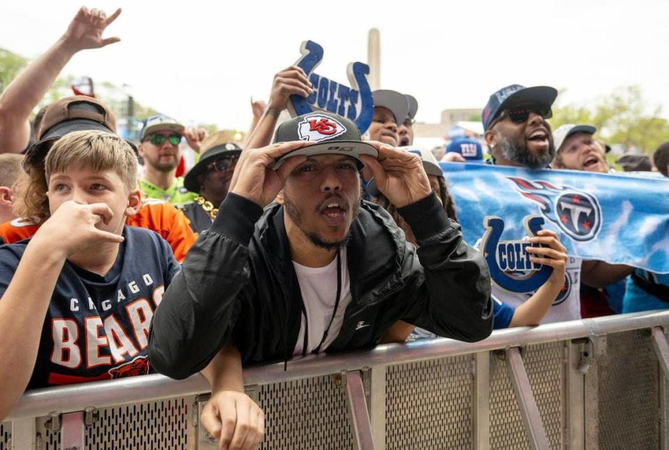 James Townsend shows off his Kansas City Chiefs hat during the NFL Draft outside of Union Station on Thursday, April 27, 2023, in Kansas City.