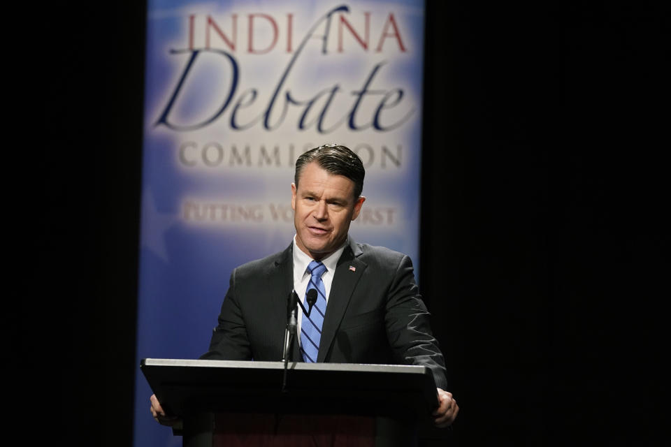 Indiana Republican Sen. Todd Young speaks during a U.S. Senate debate, Sunday, Oct. 16, 2022, in Indianapolis. (AP Photo/Darron Cummings, Pool)