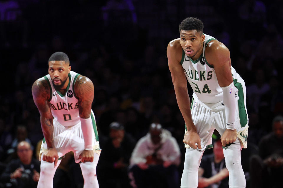 Damian Lillard and Giannis Antetokounmpo will both miss Game 4 against the Pacers.  (Ethan Miller/Getty Images)