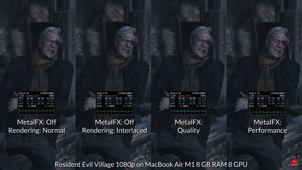 Andrew Tsai compares built-in Interlaced Rendering and the artifacts it creates on fine details in RE:Village to similar artifacts incurred with MetalFX Performance enabled on a Macbook Air M1.