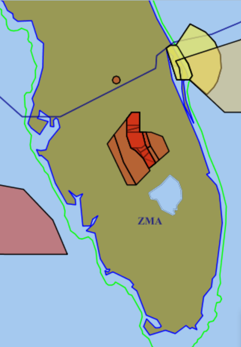 This is a screen shot of a map of Florida showing the area above Orlando and Disney World that is a designated no-fly zone by the Federal Aviation Administration.