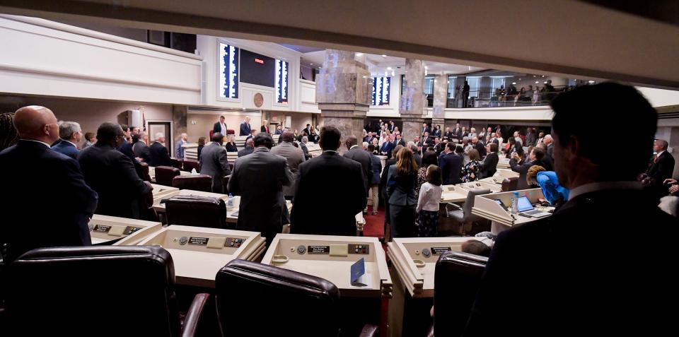 The house chamber is gaveled in during the first day of the legislative session at the Alabama Statehouse in Montgomery, Ala., on Tuesday March 7, 2023.