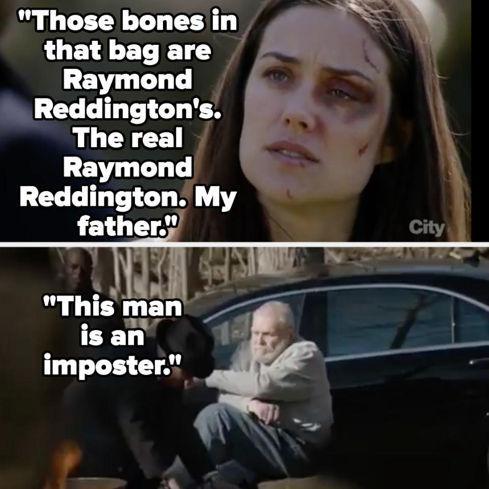 Liz says "Those bones in that bag are Raymond Reddington's. The real Raymond Reddington. My father....this man is an imposter" as we see the fake Red burning the real Red's bones