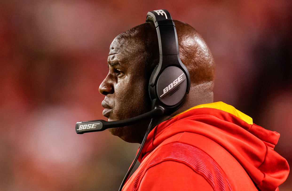 Eric Bieniemy's excellent work with Patrick Mahomes and the Chiefs still hasn't landed him a head coaching job. (Jay Biggerstaff-USA TODAY Sports)