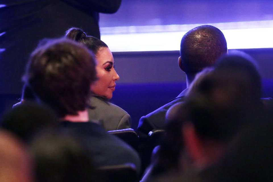 Kim Kardashian West and Kanye West sit on the front row before the start of the 11 am service at Lakewood Church Sunday, November 17, 2019, in Houston. Kanye West spoke during a question and answer session with Sr. pastor Joel Osteen (AP Photo/Michael Wyke)