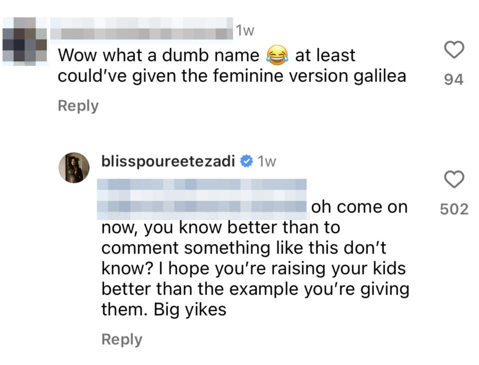 Instagram comment thread. Jamie.catherine.conrad comments about a name. Blisspoureetezadi replies, criticizing the commenter's example for kids