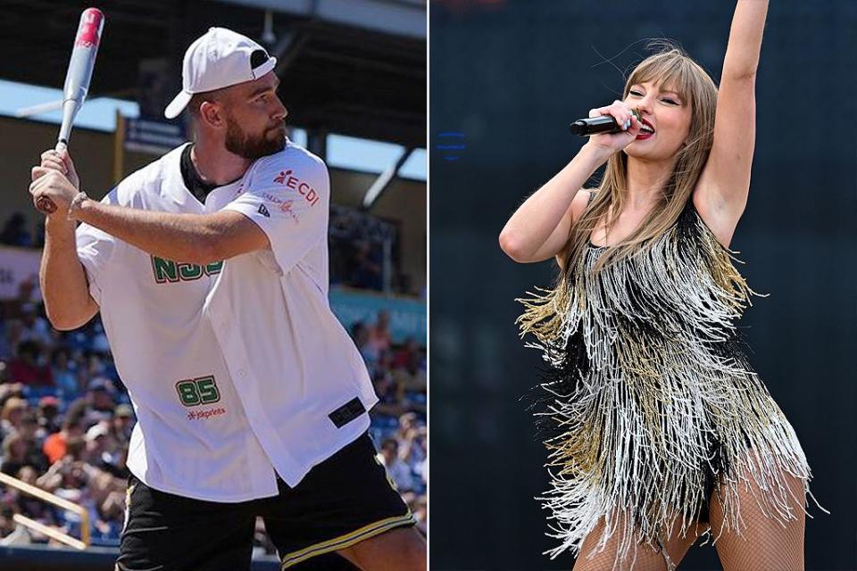 <p>Lake County Captains/Instagram; Gareth Cattermole/TAS24/Getty</p> Travis Kelce attending Charity Baseball Event; Taylor Swift performs at Scottish Gas Murrayfield Stadium on June 07, 2024