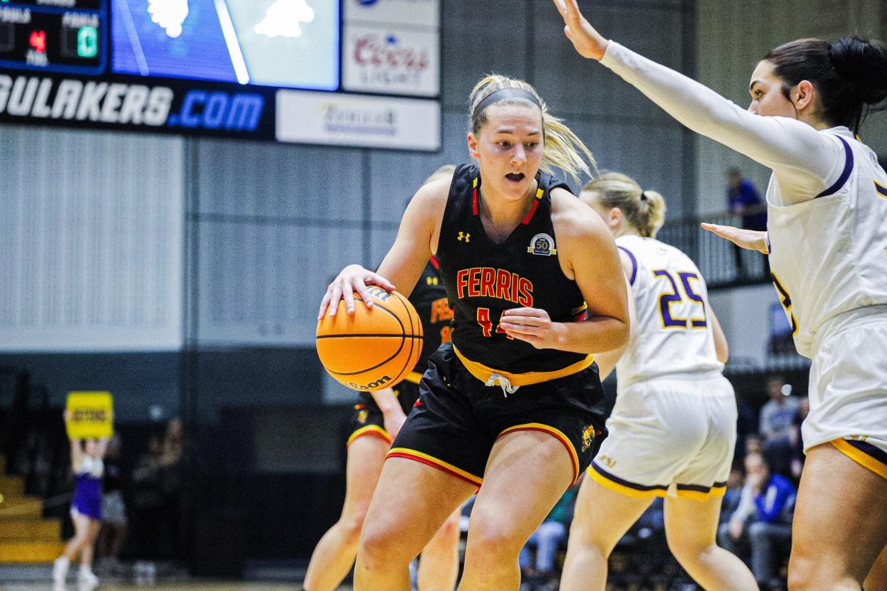 Mya Hiram drives toward the basket for Ferris State in the 2023-24 season.