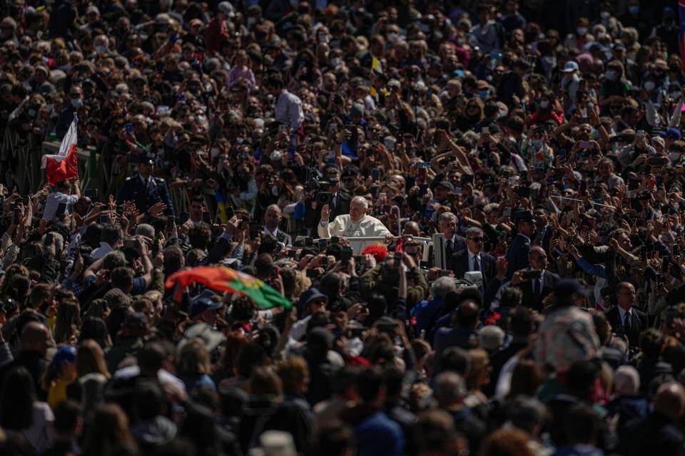 Pope Francis on his popemobile drives through the crowd of faithful at the end of the Catholic Easter Sunday mass on April 17, 2022. Pope Francis has said the Catholic Church takes such a tough stance against abortion "because if you accept this, you accept homicide daily."