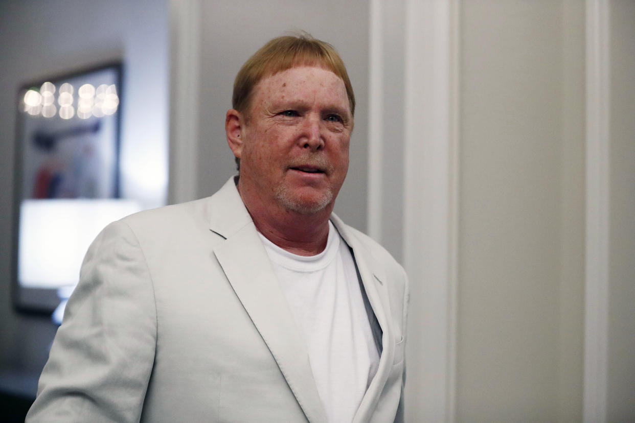 FILE - Oakland Raiders owner Mark Davis arrives to the NFL football owners meeting in Key Biscayne, Fla., in this  May 22, 2019, file photo. Mark Davis is expanding his sports empire in Las Vegas, buying the Aces from MGM Resorts International.
The Raiders owner purchased the WNBA team Thursday, Jan. 14, 2021, pending approval from the league's board of governors. (AP Photo/Brynn Anderson, File)