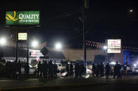 Protesters faced off with law enforcement officers at NE Highway 99, in Vancouver, Wash., Thursday, Oct. 29, 2020, after a police shooting. Authorities say sheriff's deputies in Clark County, Washington, were involved in a shooting, but didn’t release details. A man told The Oregonian/OregonLive his 21-year-old son was killed by police. (Mark Graves/The Oregonian via AP)