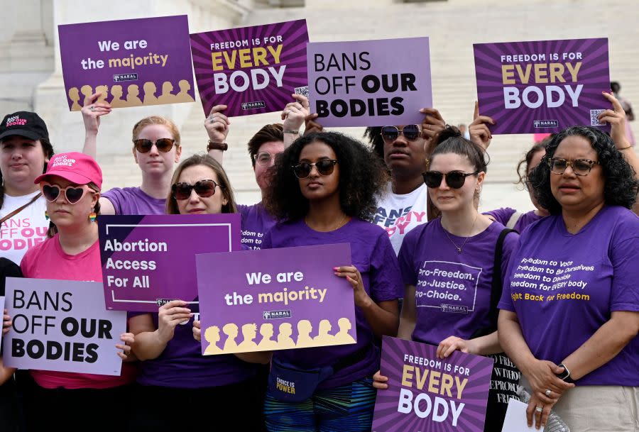 Abortion rights advocates rally outside the US Supreme Court on April 14, 2023, in Washington, D.C, speaking out against abortion pill restrictions. (Photo by OLIVIER DOULIERY/AFP via Getty Images)
