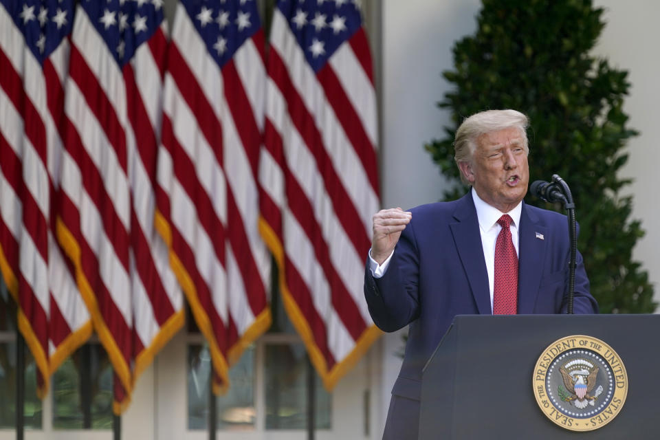 President Donald Trump speaks during a news conference in the Rose Garden of the White House, Tuesday, July 14, 2020, in Washington. (AP Photo/Evan Vucci)