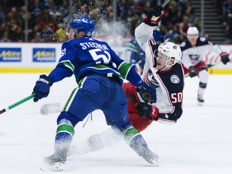 Vancouver Canucks defenseman Troy Stecher (51) fights for control of the puck with Columbus Blue Jackets left wing Eric Robinson (50) during the third period of an NHL hockey game in Vancouver, British Columbia, Sunday, March 8, 2020. (Jonathan Hayward/The Canadian Press via AP)