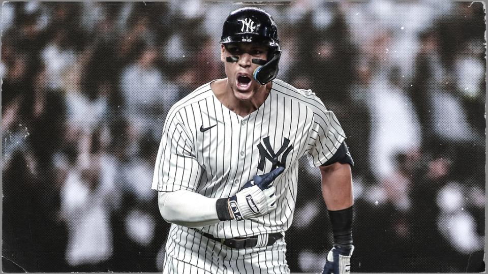 Aaron Judge treated image - home jersey pumping fist with batting helmet on in 2022