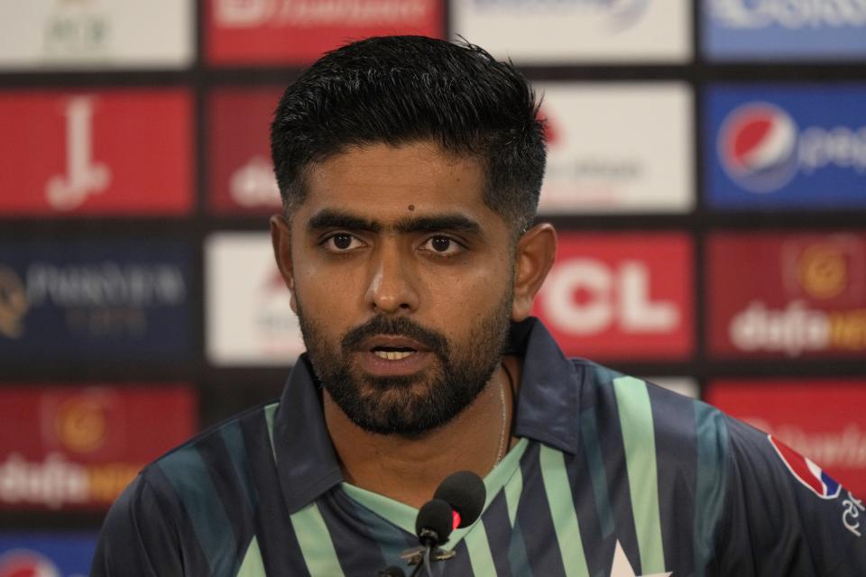 Pakistan's cricket team skipper Babar Azam gives a press conference at the National stadium, in Karachi, Pakistan, Monday, Sept. 19, 2022. (AP Photo/Anjum Naveed)