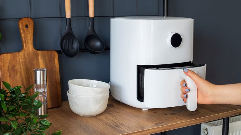 Person using air fryer at home