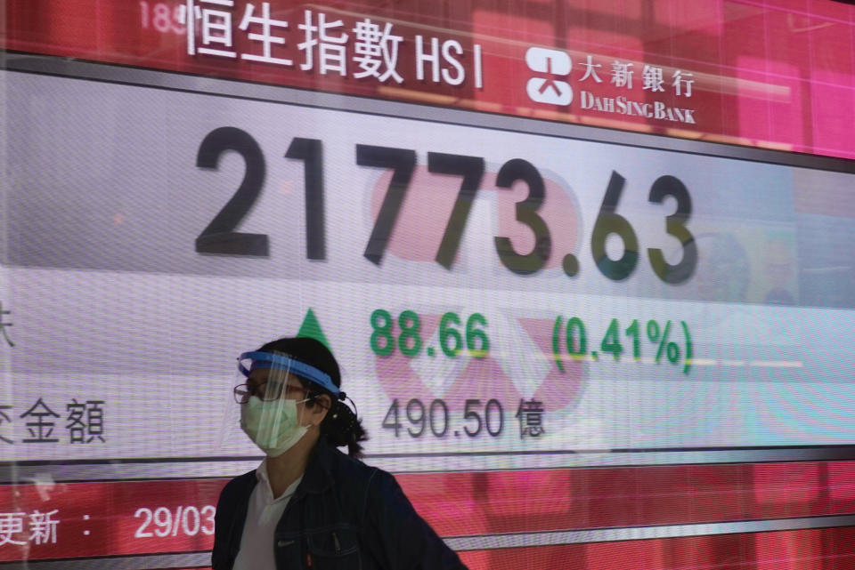 A woman walks past a bank's electronic board showing the Hong Kong share index in Hong Kong Tuesday, March, 29, 2022. Asian shares are higher after an advance on Wall Street ahead of another round of talks between Russia and Ukraine. (AP Photo/Vincent Yu)
