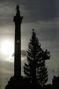 Workers arrange lights on the Norwegian Christmas tree in Trafalgar Square, during England's second coronavirus lockdown in London, Tuesday, Dec. 1, 2020. The tree's lights will be turned on later this week without the annual ceremony taking place to stop crowds gathering to try to curb the spread of coronavirus. (AP Photo/Matt Dunham)