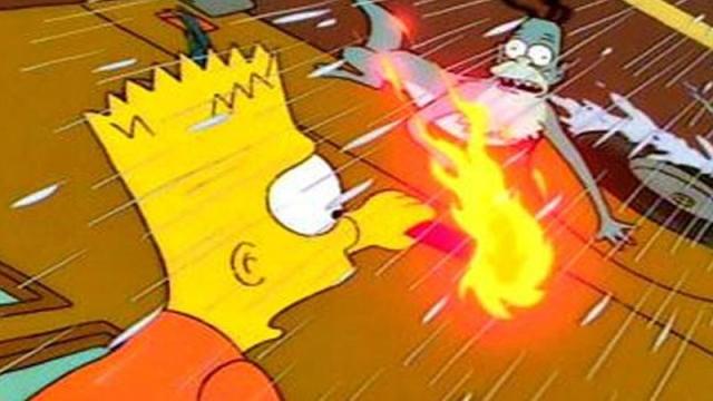 A screenshot from The Simpsons shows Bart using a flare to scare a monster. 