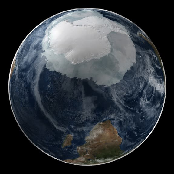 This image shows a view of the Earth on Sept. 21, 2005, when Antarctic sea ice was at its full extent.