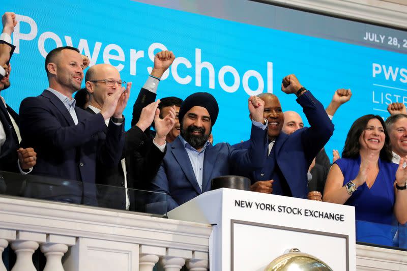 PowerSchool CEO Hardeep Gulati rings the opening bell for their Initial public offering (IPO) the New York Stock Exchange (NYSE) in New York City