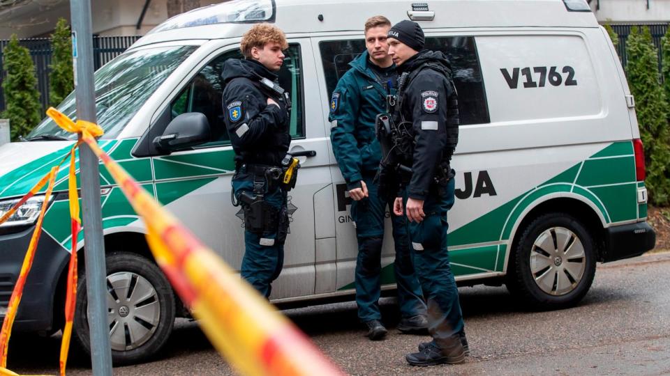 PHOTO: Police officers patrol near the house of Leonid Volkov, a close associate of the late Russian opposition leader Alexei Navalny, in Vilnius, Lithuania, Wednesday, March 13, 2024.  (Mindaugas Kulbis/AP)