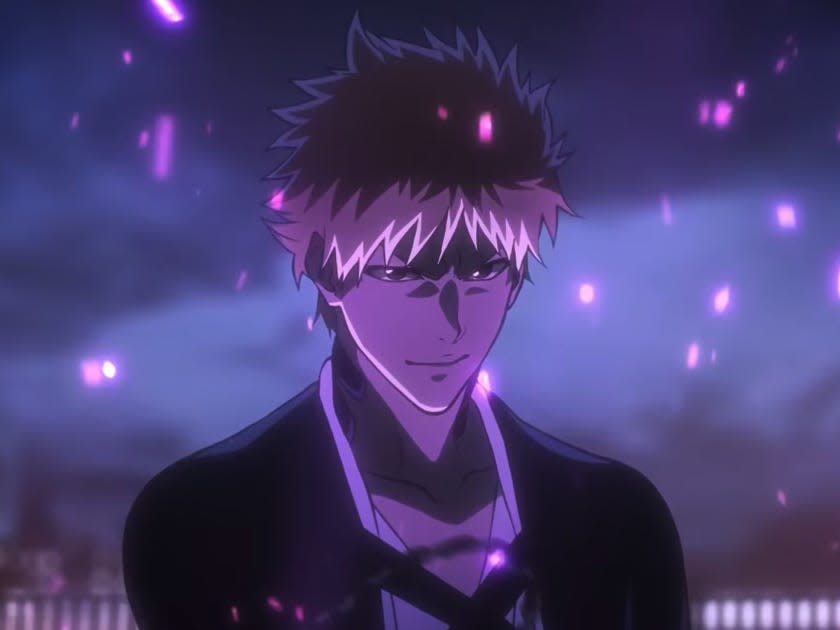 ichigo from bleach standing on what appears to be a rooftop, there are purple flashes around him