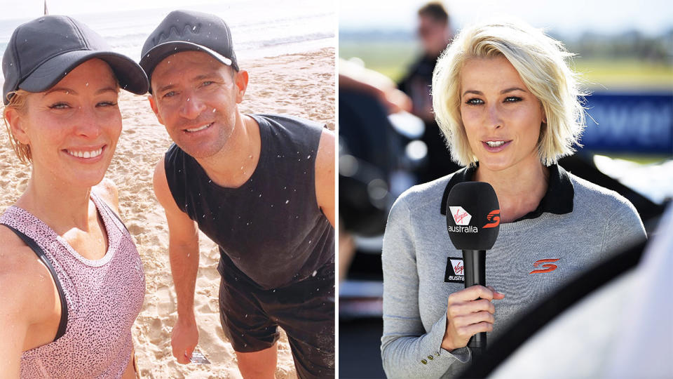 Supercars pit lane reporter Riana Crehan (pictured right) speaking to the camera and her with race car driver and husband Will Davison (pictured left).