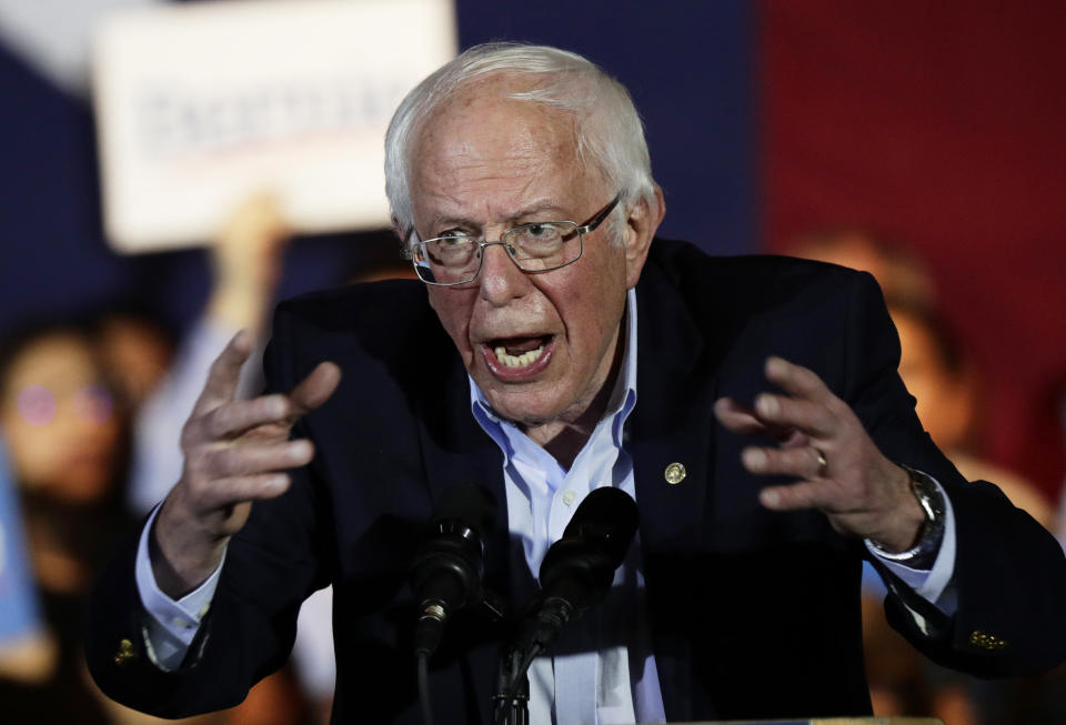 Democratic presidential candidate Sen. Bernie Sanders, I-Vt., speaks during a campaign event in San Antonio, Saturday, Feb. 22, 2020. (AP Photo/Eric Gay)