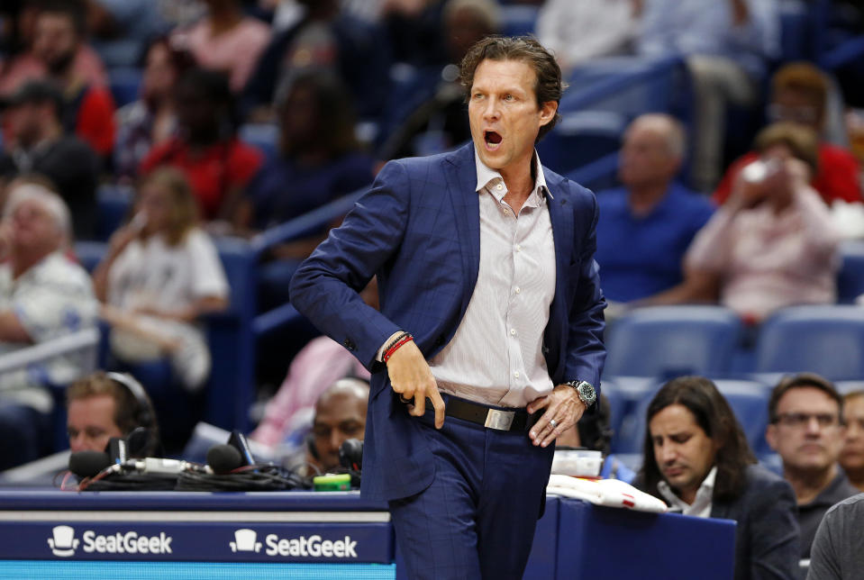 Utah Jazz coach Quin Snyder reacts to a play against the New Orleans Pelicans during the first half of a preseason NBA basketball game in New Orleans, Friday, Oct. 11, 2019. (AP Photo/Tyler Kaufman)