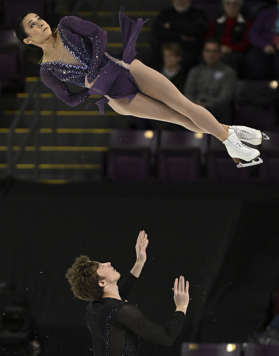 Isabella Gamez and Aleksandr Korovin, of the Philippines, compete in the pairs free skating at the Four Continents Figure Skating Championships, Saturday, Feb. 11, 2023, in Colorado Springs, Colo. (Christian Murdock/The Gazette via AP)